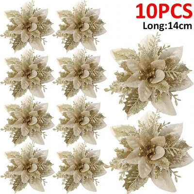 Jõulud Glitter kunstlilled Lilleline siidist võltslill klambritega jõulupuu rippuvate kaunistuste jaoks, uusaasta kingitus kodukaunistuseks