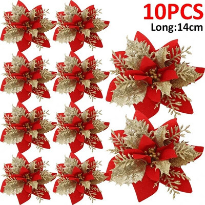 Jõulud Glitter kunstlilled Lilleline siidist võltslill klambritega jõulupuu rippuvate kaunistuste jaoks, uusaasta kingitus kodukaunistuseks