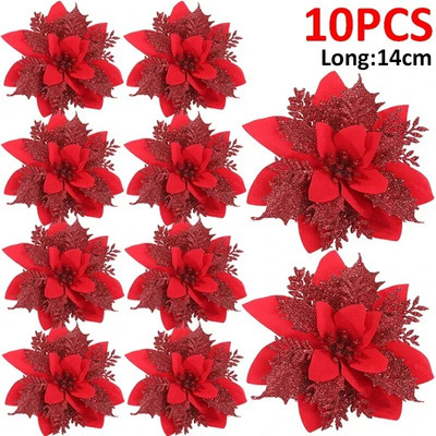 Jõulud Glitter kunstlilled Lilleline siidist võltslill klambritega jõulupuu rippuvate kaunistuste jaoks, uusaasta kingitus kodukaunistuseks