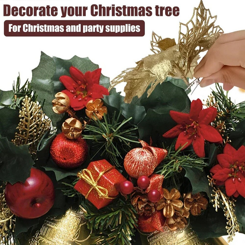 Jõulud Glitter kunstlilled Lilleline siidist võltslill klambritega jõulupuu rippuvate kaunistuste jaoks, uusaasta kingitus kodukaunistuseks