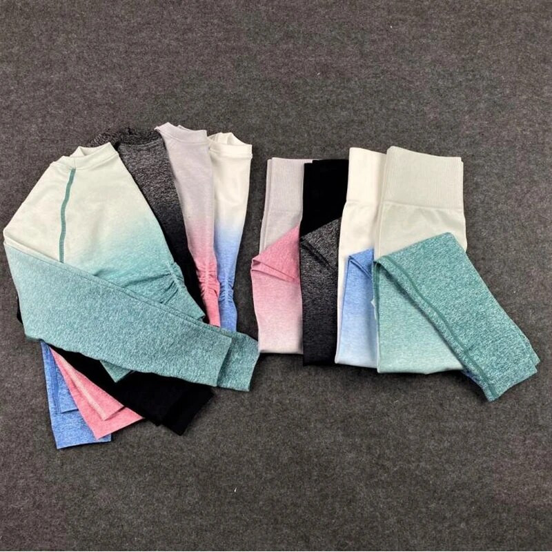 2020 Novi ženski bešavni set za jogu Gym High Waist Ombre tajice Majice Gornje odijelo dugih rukava Fitness Sport Sportski komplet