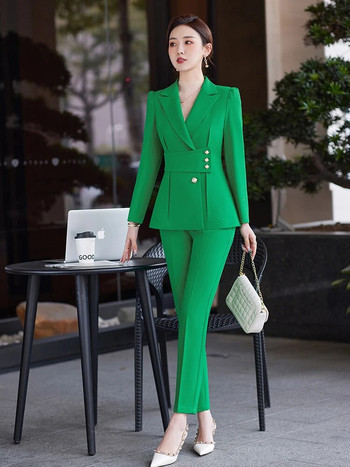 Υψηλής ποιότητας γυναικείο κοστούμι παντελόνι Πράσινο Μπλε Βερίκοκο Γυναικεία Επαγγελματικά ρούχα Επίσημο σετ 2 τεμαχίων Γυναικείο σακάκι και παντελόνι
