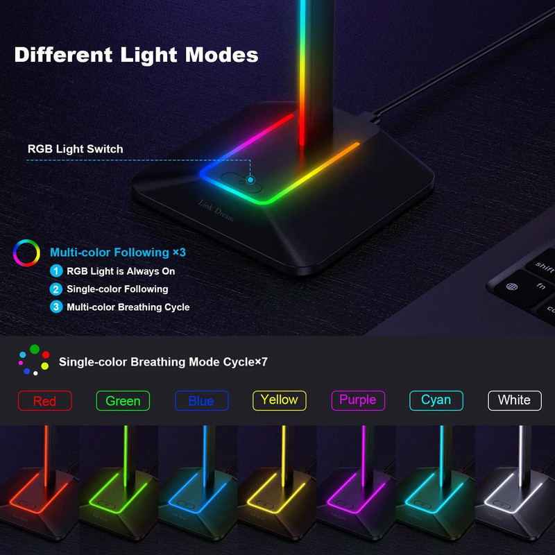 Link Dream RGB Lights ausinių stovas su c tipo USB prievadais ausinių laikiklis visoms ausinėms Žaidėjai Žaidimų kompiuterio priedai stalas