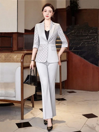 Naiste suvised pükstekomplektid, 2-osaline, poolvarrukatega bleiser ja püksid, ülikond hall valge kõrge kvaliteediga šikk elegantne äririietus