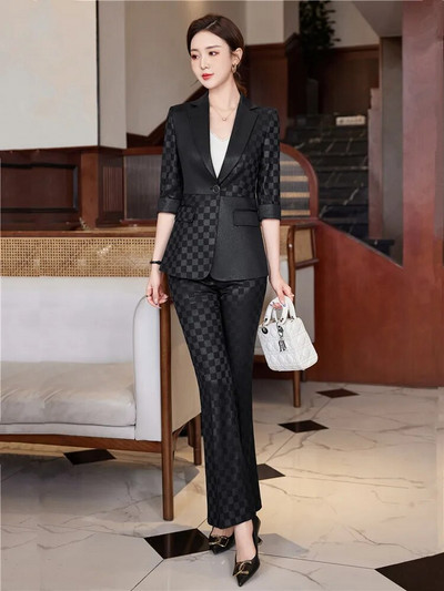 Naiste suvised pükstekomplektid, 2-osaline, poolvarrukatega bleiser ja püksid, ülikond hall valge kõrge kvaliteediga šikk elegantne äririietus