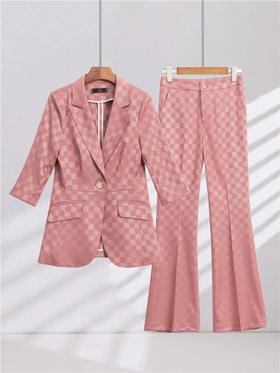 Naiste suvised pükstekomplektid, 2-osaline, poolvarrukatega bleiser ja püksid, ülikond hall valge kõrge kvaliteediga šikk elegantne äririietus