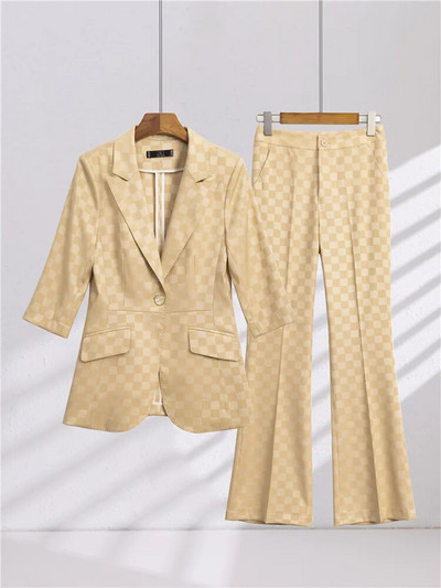 Naiste suvised pükstekomplektid, 2-osaline, poolvarrukatega bleiser ja püksid, ülikond hall valge kõrge kvaliteediga šikk elegantne äririietus