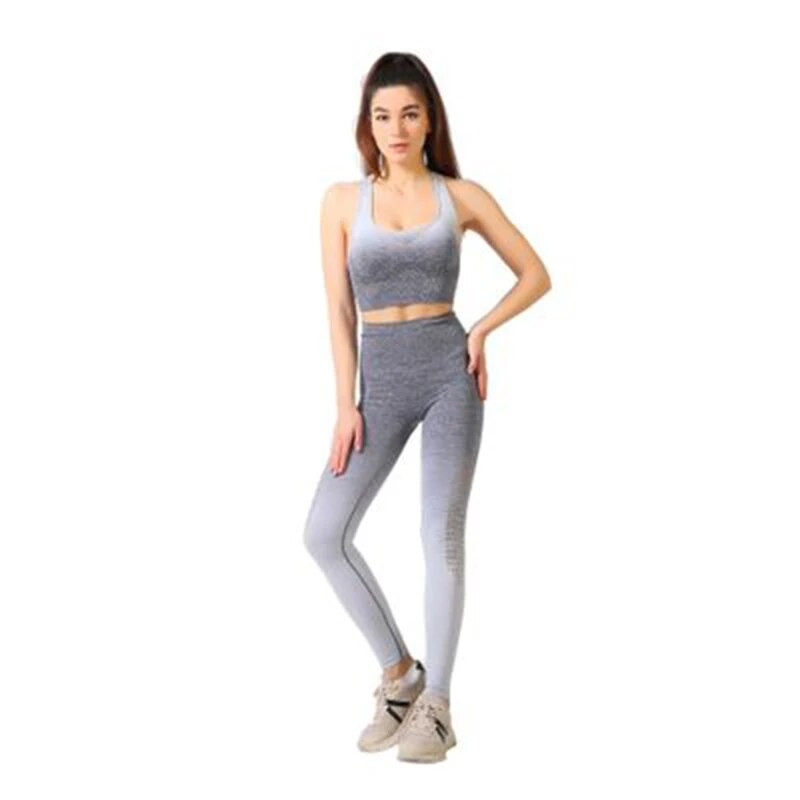 Ombre bezšuvju 2-daļīgs komplekts sieviešu uzvalks sporta zālei treniņu apģērbs sporta krūšturis fitnesa apgriešanas augšdaļa un skrāpējumi, legingi jogas komplekts