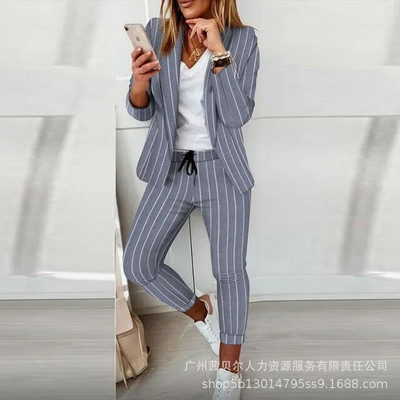 Kétrészes alkalmi öltöny nőknek, egyszerű divatos szett őszi női ágyazás gallérral, egysoros tömör blézer és nadrág szett