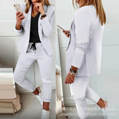 Kétrészes alkalmi öltöny nőknek, egyszerű divatos szett őszi női ágyazás gallérral, egysoros tömör blézer és nadrág szett