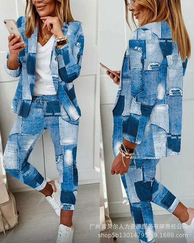 Kétrészes alkalmi öltöny nőknek, egyszerű divatos szett őszi női ágyazás gallérral, egysoros tömör blézer és nadrág szett