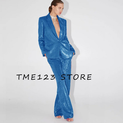 Elegantni ženski sako sa šljokicama + ravne hlače Dvodijelni temperamentni modni luksuzni ženski sako za rođendansku zabavu