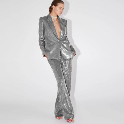 Elegantni ženski sako sa šljokicama + ravne hlače Dvodijelni temperamentni modni luksuzni ženski sako za rođendansku zabavu