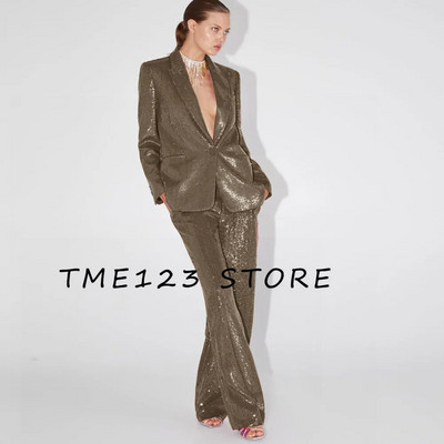 Elegantni ženski sako sa šljokicama + ravne hlače Dvodijelni temperamentni modni luksuzni ženski sako za rođendansku zabavu