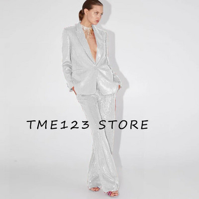 Elegantni ženski sako sa šljokicama + ravne hlače Dvodijelni temperamentni modni luksuzni ženski sako za rođendansku zabavu