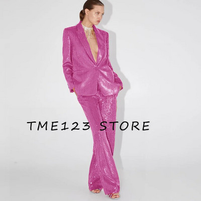 Elegantni ženski sako sa šljokicama + ravne hlače Dvodijelni temperamentni modni luksuzni ženski sako za rođendansku zabavu