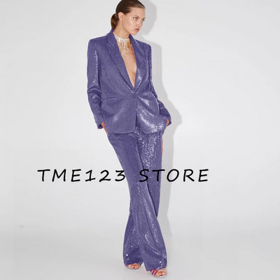 Elegantni ženski sako sa šljokicama + ravne hlače Dvodijelni temperamentni modni luksuzni ženski sako za rođendansku zabavu