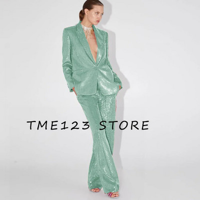 Elegantni ženski sako sa šljokicama + ravne hlače Dvodijelni temperamentni modni luksuzni ženski sako za rođendansku zabavu