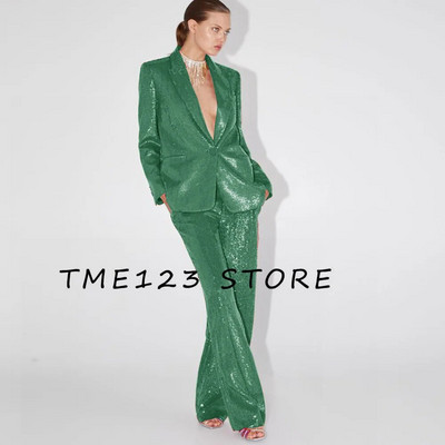 Elegantni ženski sako sa šljokicama + ravne hlače Dvodijelni temperamentni modni luksuzni ženski sako za rođendansku zabavu