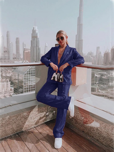 Elegantni ženski sako sa šljokicama + ravne hlače Dvodijelni temperamentni modni luksuzni ženski sako za rođendansku zabavu