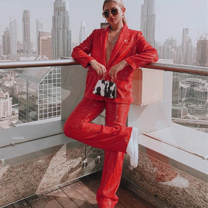 Elegantni ženski sako sa šljokicama + ravne hlače Dvodijelni temperamentni modni luksuzni ženski sako za rođendansku zabavu