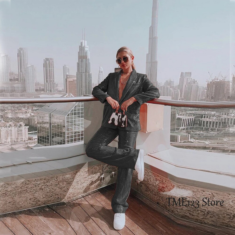 Elegantni ženski sako sa šljokicama + ravne hlače Dvodijelni temperamentni modni luksuzni ženski sako za rođendansku zabavu