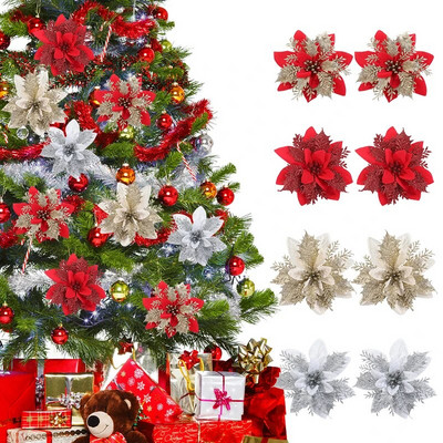 1/5/10pcs Glitter Artificial Flowers Merry Christmas Ornaments Christmas Tree Decorations for Home New Year Wedding Party Decor