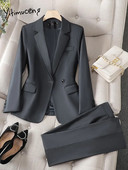 Yitimuceng Crna uredska ženska odijela s hlačama Ženska jesen zima 2023. Nova ležerna jakna s dugim rukavima Odijela s hlačama Komplet od 2 komada