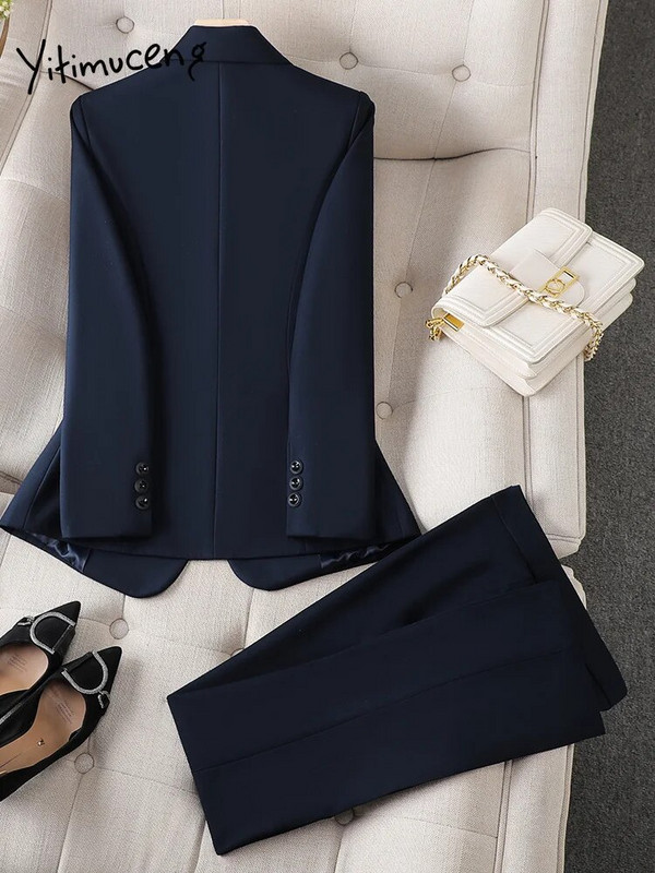 Yitimuceng Crna uredska ženska odijela s hlačama Ženska jesen zima 2023. Nova ležerna jakna s dugim rukavima Odijela s hlačama Komplet od 2 komada