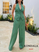 KONDALA biroja dāmu zaļā žakete uzvalki sievietēm ar V kakla izgriezumu, liela izmēra garenas žakete sievietēm + bikses ar augstu vidukli, platas kājas, modes 2023. gada sieviešu komplekts