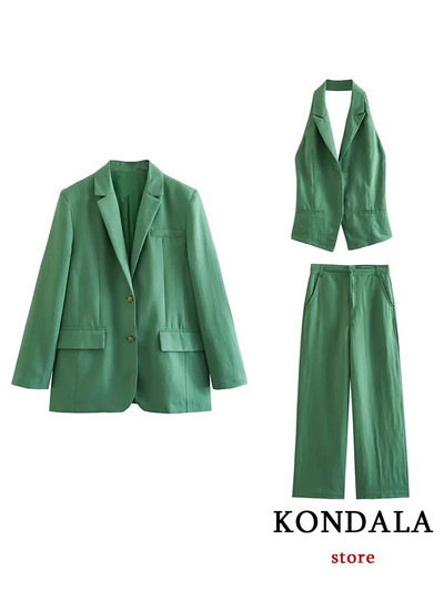 KONDALA biroja dāmu zaļā žakete uzvalki sievietēm ar V kakla izgriezumu, liela izmēra garenas žakete sievietēm + bikses ar augstu vidukli, platas kājas, modes 2023. gada sieviešu komplekts