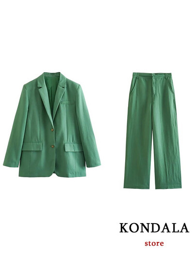 KONDALA biroja dāmu zaļā žakete uzvalki sievietēm ar V kakla izgriezumu, liela izmēra garenas žakete sievietēm + bikses ar augstu vidukli, platas kājas, modes 2023. gada sieviešu komplekts