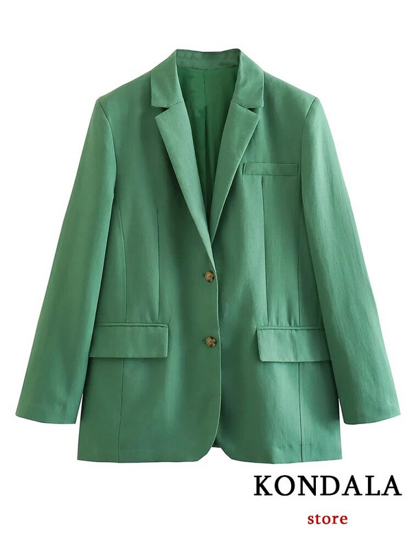 KONDALA biroja dāmu zaļā žakete uzvalki sievietēm ar V kakla izgriezumu, liela izmēra garenas žakete sievietēm + bikses ar augstu vidukli, platas kājas, modes 2023. gada sieviešu komplekts