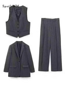 Sieviešu modes svītru žakete trīsdaļīgs komplekts, elegants, vienrindu, garām piedurkņu uzvalks, veste, platas bikses, ikdienas biroja sieviešu tērpi