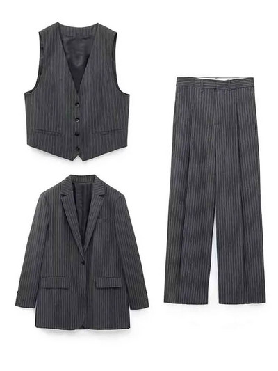 Sieviešu modes svītru žakete trīsdaļīgs komplekts, elegants, vienrindu, garām piedurkņu uzvalks, veste, platas bikses, ikdienas biroja sieviešu tērpi