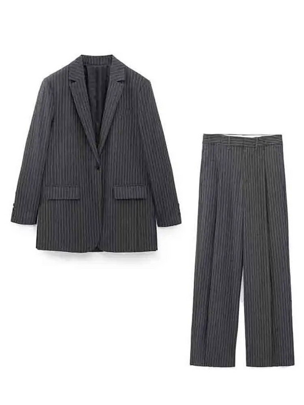 Sieviešu modes svītru žakete trīsdaļīgs komplekts, elegants, vienrindu, garām piedurkņu uzvalks, veste, platas bikses, ikdienas biroja sieviešu tērpi