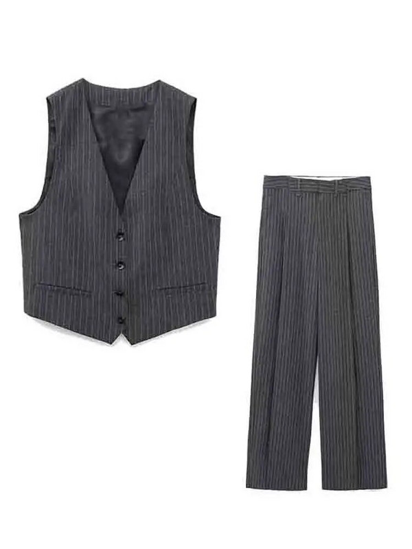 Sieviešu modes svītru žakete trīsdaļīgs komplekts, elegants, vienrindu, garām piedurkņu uzvalks, veste, platas bikses, ikdienas biroja sieviešu tērpi