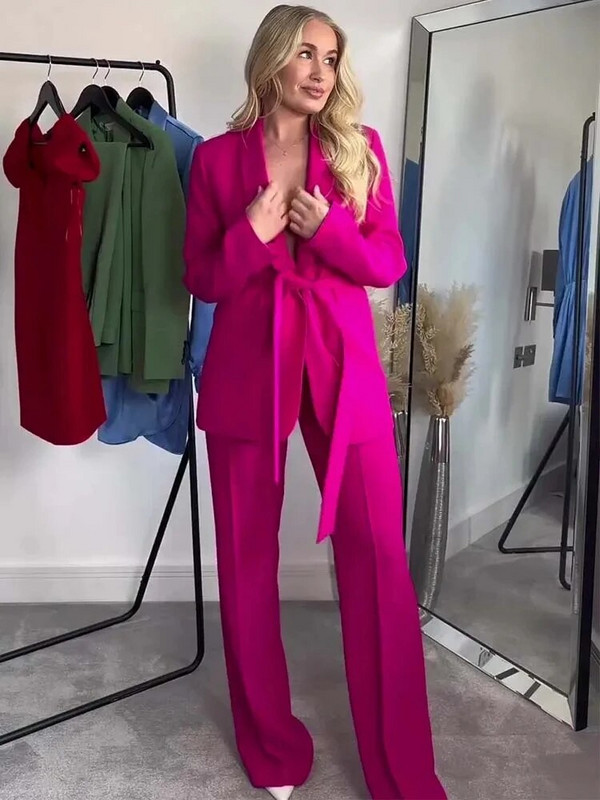 Komplet hlača 2023 Novo jesensko žensko odijelo Blazer chic uredski uredski komplet hlača s uskim remenom Komplet hlača od 2 komada za ulične zabave za mlade žene