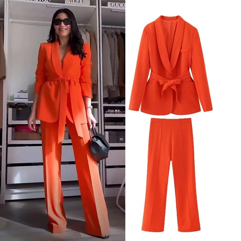 Komplet hlača 2023 Novo jesensko žensko odijelo Blazer chic uredski uredski komplet hlača s uskim remenom Komplet hlača od 2 komada za ulične zabave za mlade žene