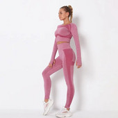 Moteriškas rudeninis jogos rinkinys, greitai džiūstantis, besiūlis megztas sportinis kostiumas, tamprus, ilgomis rankovėmis, ilgomis rankovėmis + antblauzdžiai aukštu juosmeniu