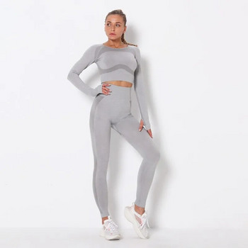 Дамски есенен пачуърк комплект за йога Gym Бързосъхнещ безшевен плетен спортен костюм Еластичен издълбан топ с дълъг ръкав + клин с висока талия