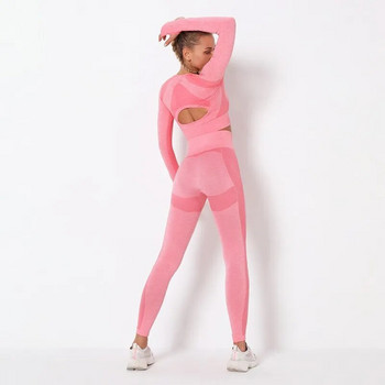 Дамски есенен пачуърк комплект за йога Gym Бързосъхнещ безшевен плетен спортен костюм Еластичен издълбан топ с дълъг ръкав + клин с висока талия