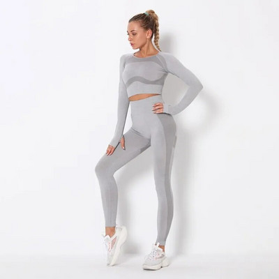 Moteriškas rudeninis jogos rinkinys, greitai džiūstantis, besiūlis megztas sportinis kostiumas, tamprus, ilgomis rankovėmis, ilgomis rankovėmis + antblauzdžiai aukštu juosmeniu