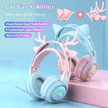 Cat Car Headphones Headset Gamer ασύρματα ακουστικά με Mic Gamer Girl Antler Bluetooth Gaming Headphones