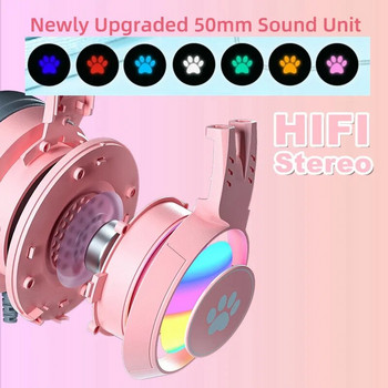 QearFun HiFi стерео компютърни слушалки Gamer Girls Pink Cat слушалки с микрофон RGB светлина за PS4 лаптоп телефон кабелни слушалки