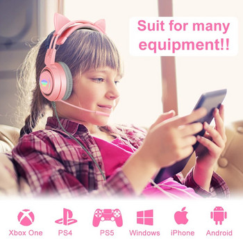 QearFun HiFi Stereo PC Headset Gamer Girls Pink Cat Headphones with Microphone RGB Light for Laptop Phone PS4 Ενσύρματο ακουστικό