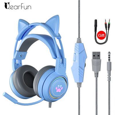 QearFun HiFi Stereo PC slušalice Gamer Girls Pink Cat Slušalice s mikrofonom RGB svjetlo za PS4 Laptop Telefon Žičane slušalice