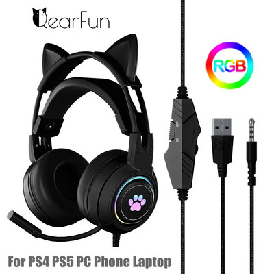 QearFun HiFi Stereo PC slušalice Gamer Girls Pink Cat Slušalice s mikrofonom RGB svjetlo za PS4 Laptop Telefon Žičane slušalice