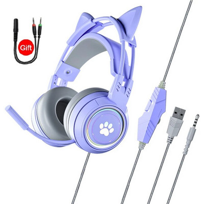 QearFun HiFi Stereo PC slušalice Gamer Girls Pink Cat Slušalice s mikrofonom RGB svjetlo za PS4 Laptop Telefon Žičane slušalice