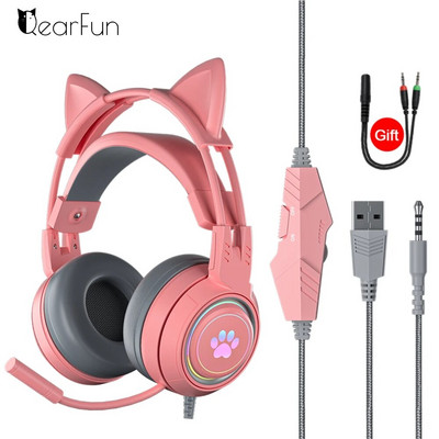 QearFun HiFi Stereo PC slušalice Gamer Girls Pink Cat Slušalice s mikrofonom RGB svjetlo za PS4 Laptop Telefon Žičane slušalice